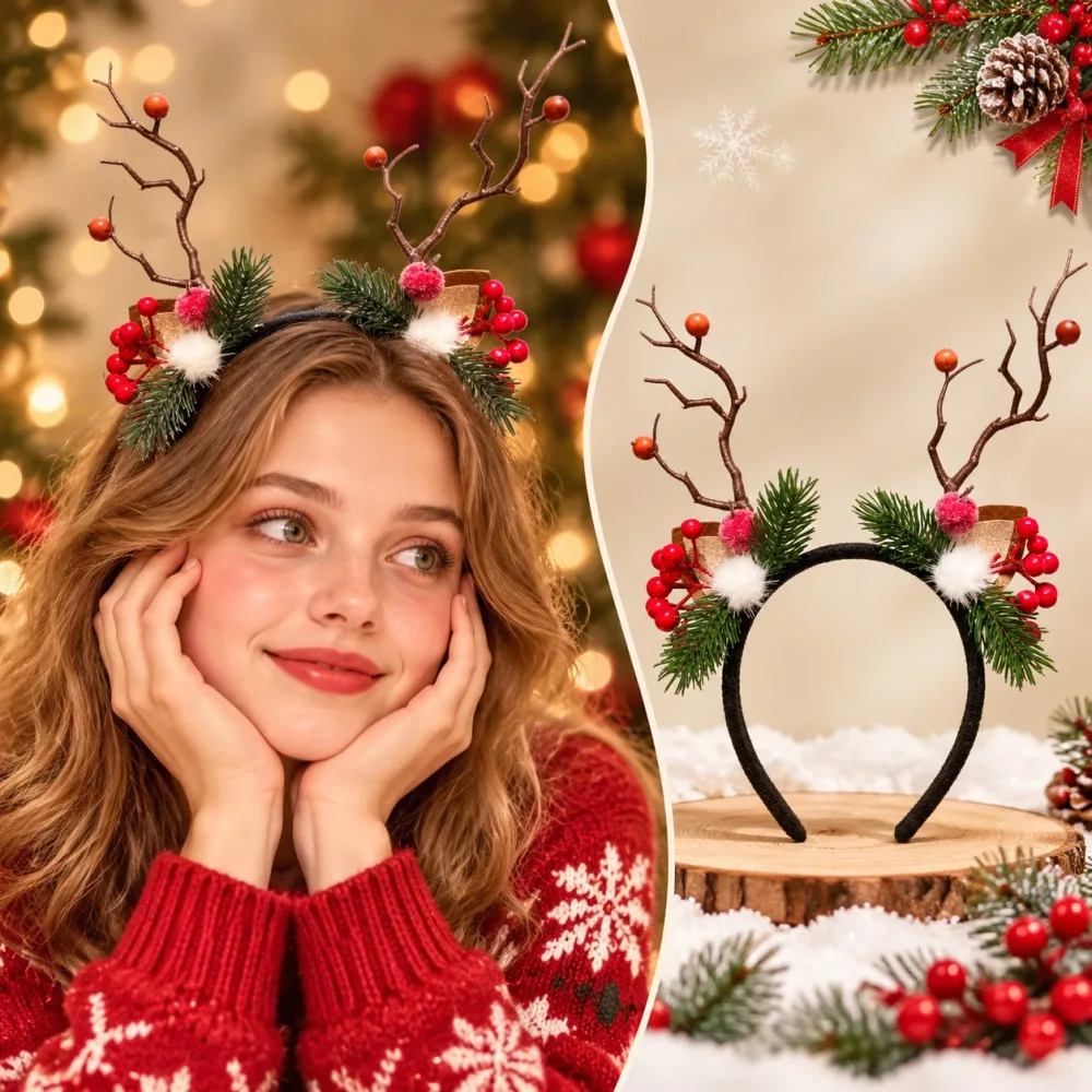 Reindeer Antlers Headband - クリスマス柄のトナカイの角のヘッドバンド。ベル付き。ホリデーシーズンやクリスマスパーティーにぴったりのヘアアクセサリー。女の子、女性、子供向け。