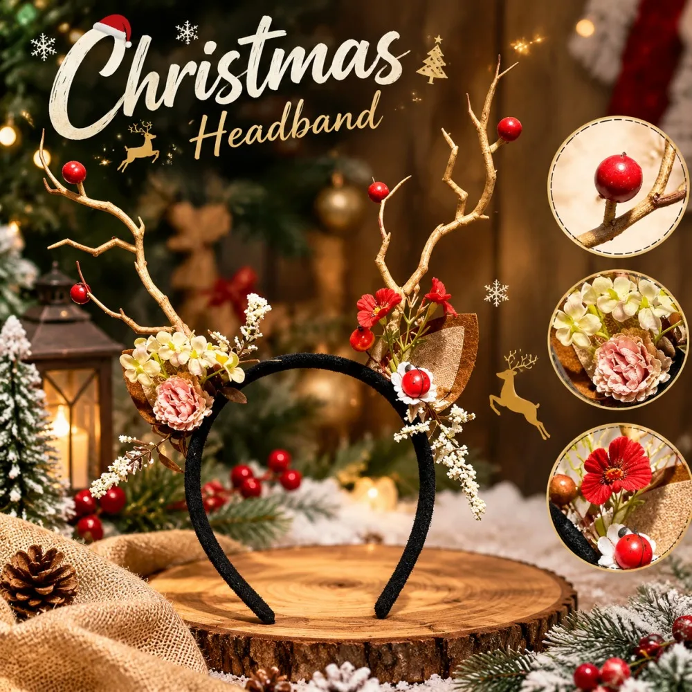 クリスマス柄のトナカイの角のヘッドバンド。ベル付き。ホリデー - Reindeer Antlers Headband のレビューと価格