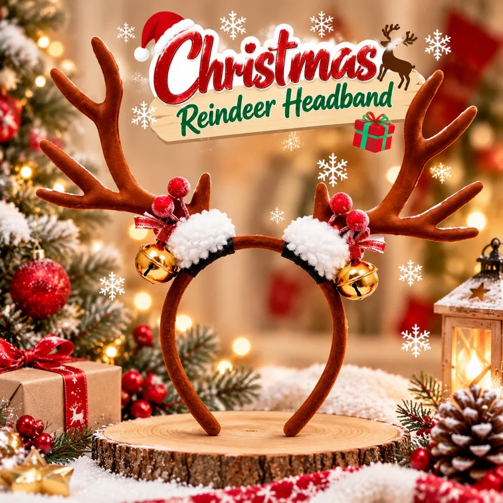 クリスマス柄のトナカイの角のヘッドバンド。ベル付き。ホリデー - Reindeer Antlers Headband のレビューと価格
