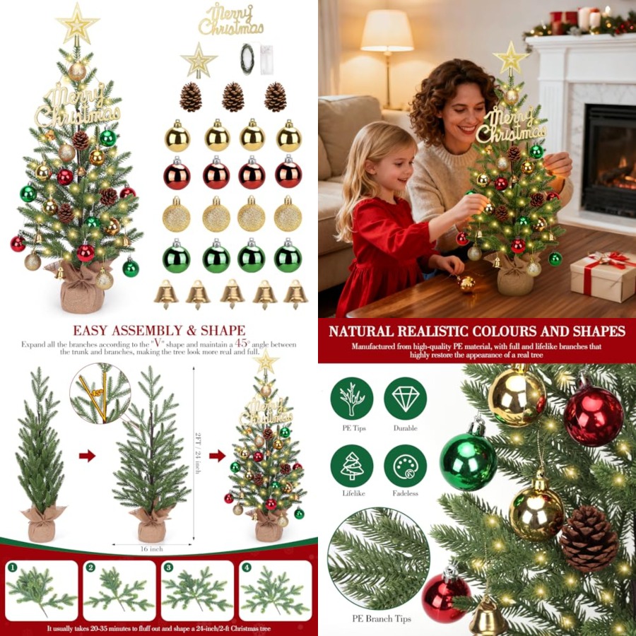 2フィートのミニクリスマスツリー、30個のLEDライト付き卓 - Christmas Tree Artificial のレビューと価格