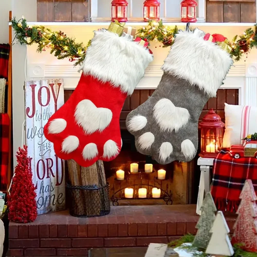 クリスマスストッキング、肉球柄のフェイクファー付き、クリスマ - Christmas Stocking Hanging のレビューと価格